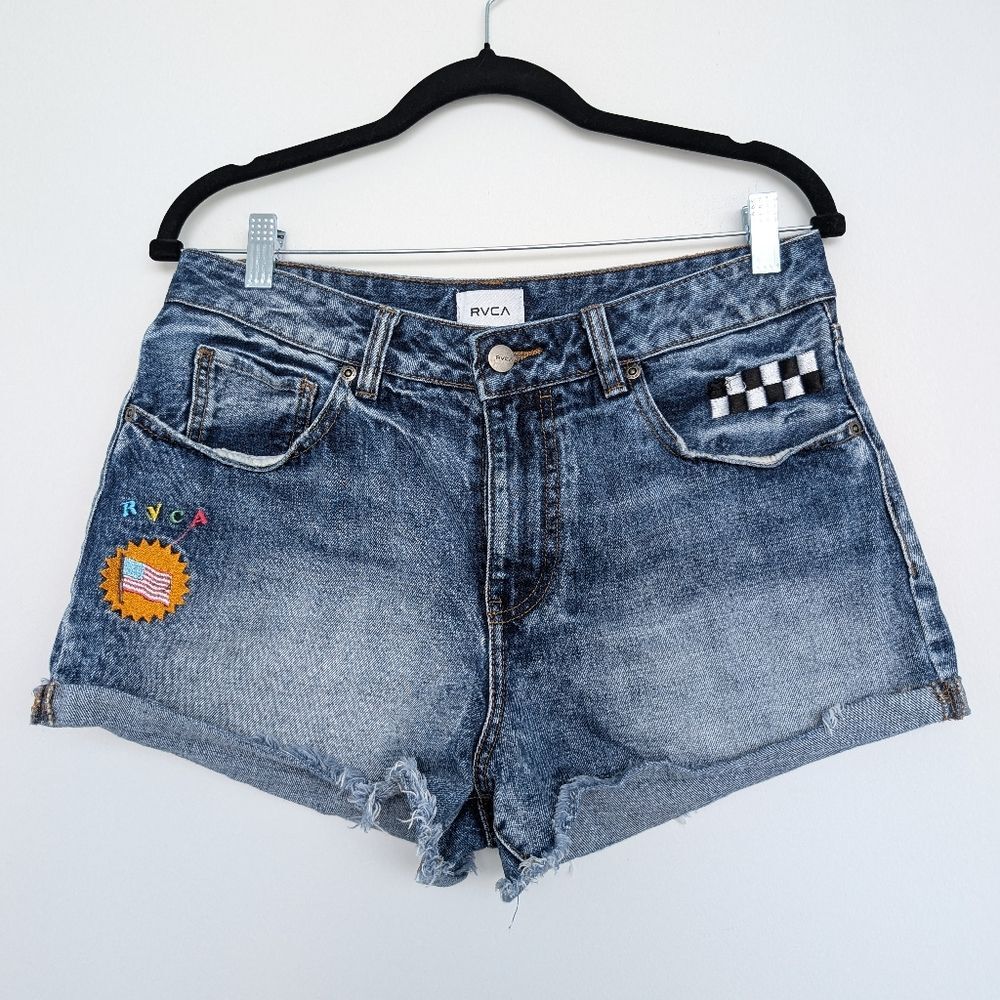 RVCA Patch Embroidery Embellished Distressed Denim Shorts Sz 30